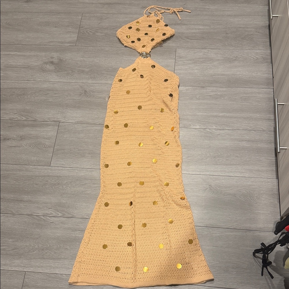 Beige Crochet Halter Maxi Dress with Gold Sequin Accents